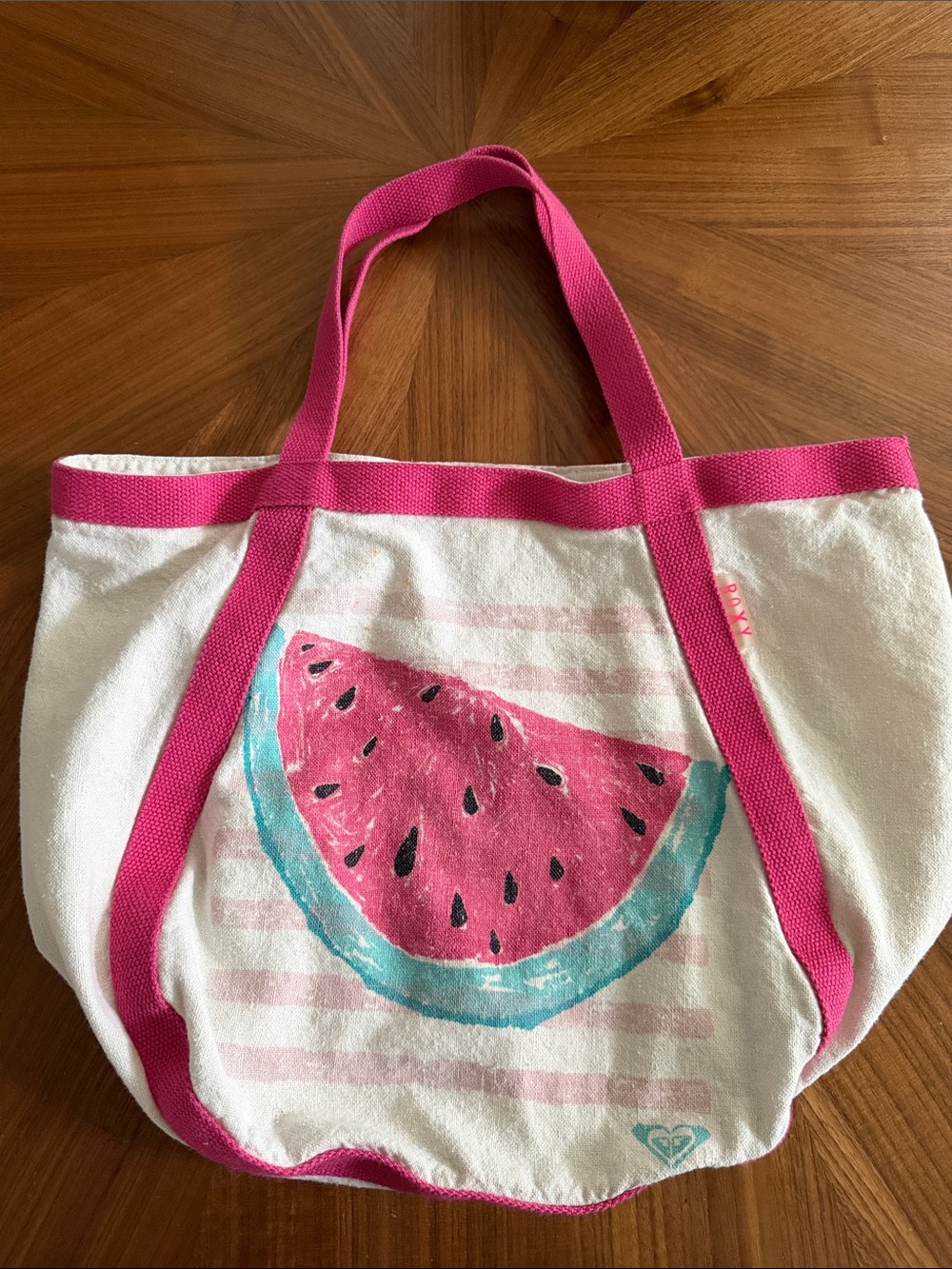 Roxy White Canvas Tote with Bright Pink Trim
